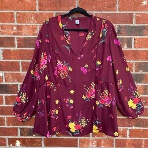 Old Navy Womens 3X Burgundy Floral Vneck Peasant Top Long Sleeve